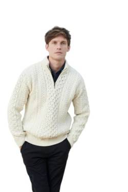 Aran Woollen Mills Merinowolle Irischer Aran Pullover mit Reißverschluss für Herren (Natur, M) von Aran Woollen Mills