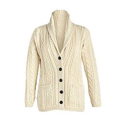 Arran Woolen Mills Damen Strickjacke aus irischer Wolle mit vielen Zöpfen, Natur, L von Aran Woollen Mills