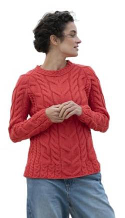 Damen Irish Multi-verkabelt Raglan Super Soft Merino Wollpullover (Rot, L) von Aran Woollen Mills