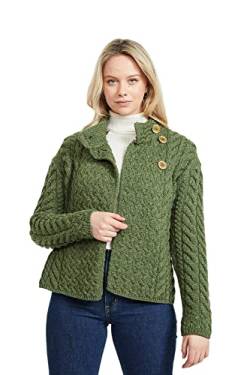 Irischer Aran Strickjacke Strickmantel Wollmantel Wolljacke Cardigan mit Holzknöpfe aus Merinowolle für Damen (DE/NL/SE/PL, Alphanumerisch, XL, Regular, Regular, Grün) von Aran Woollen Mills