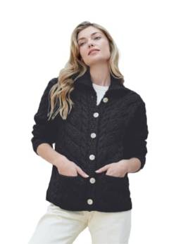 Irischer Cardigan-Pullover für Damen, hergestellt in Irland, gestrickt, superweicher Merinowolle-Mantel, Schwarz, Mittel von Aran Woollen Mills
