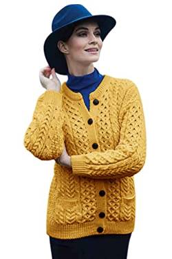 Irischer Wollfäller-Cardigan-Pullover aus Wolle (Gelb, L) von Aran Woollen Mills