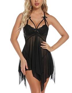 Aranmei Babydoll-Dessous für Damen, sexy Spitzen-Dessous-Set, vorne offen, Nachthemd, V-Ausschnitt, Babydoll mit Spitze, G-String, Nachtwäsche, Nachthemd, Style2-schwarz, 32 von Aranmei