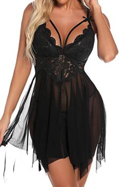 Aranmei Babydoll-Dessous für Frauen Sexy Dessous-Set Vorne offen Nachthemd V-Ausschnitt Babydoll mit Spitze G-String Nachtwäsche Nachthemd, Schwarz, L von Aranmei