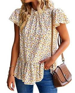 Aranmei Bluse Damen Blumendruck Kurzarm Oberteile Tunika Tops Sommer Lässig Lose Plissee T-Shirt mit Kräuselsaum, Gelb, M von Aranmei