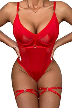 Aranmei Body für Frauen Bügel Sexy Top mit Druckknopf Schritt mit Beingurten und Tanga Bodysuit Dessous Set, Red, 42 von Aranmei