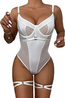 Aranmei Body für Frauen Bügel Sexy Top mit Druckknopf Schritt mit Beingurten und Tanga Bodysuit Dessous Set, White, 46 von Aranmei