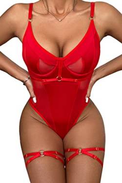 Aranmei Body für Frauen Bügel Sexy Top mit Druckknopf Schritt mit Beinriemen und Tanga Bodysuit Dessous Set, rot, 46 von Aranmei