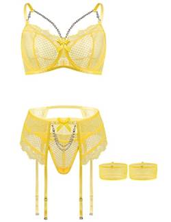 Aranmei Damen-Dessous-Sets mit Oberschenkelmanschetten, sexy Unterwäsche-Set für Frauen, freches 4-teiliges Strumpfbandgürtel-Dessous-Set, gelb, 42 von Aranmei