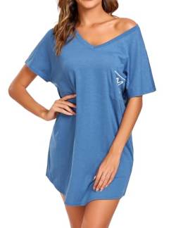 Aranmei Damen Nachthemd Nachthemd Baumwolle Nachthemd Neuheit V-Ausschnitt Kurzarm Bequem Pyjama, blau, 36 von Aranmei