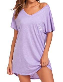Aranmei Damen Nachthemd Nachthemd Baumwolle Nachthemd Neuheit V-Ausschnitt Kurzarm Bequem Pyjama, violett, 38 von Aranmei