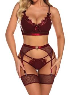 Aranmei Damen Sexy 4 Teiliges Dessous Set Fischnetz Strapsen Dessous Set mit Strumpfband Gürtel Spitzen BH und Höschen Set, Weinrot, L von Aranmei