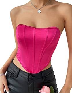 Aranmei Damen Sexy Bustier Trägerlos Offener Rücken Satin Bustier Rücken Korsett Bodyshaper Crop Top,rosarot,32 von Aranmei