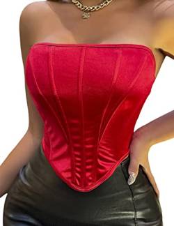 Aranmei Damen Sexy Bustier Trägerlos Offener Rücken Satin Bustier Rücken Korsett Bodyshaper Crop Top,weinrot,36 von Aranmei