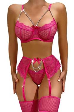 Aranmei Damen Sexy Wimpern Fischnetz Dessous Set Kette Babydoll Bügel BH und Panty Sets mit Strumpfgürtel 4 Stück, Rosenrot, Small von Aranmei