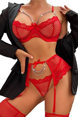 Aranmei Damen Sexy Wimpern Fischnetz Dessous Set Kette Babydoll Bügel BH und Panty Sets mit Strumpfgürtel 4 Stück, rot, Medium von Aranmei