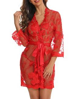 Aranmei Damen Spitze Kimono Robe Floral Babydoll Braut Dessous Mesh Nachthemd, rot, 36 von Aranmei