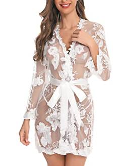 Aranmei Damen Spitze Kimono Robe Floral Babydoll Braut Dessous Mesh Nachthemd, weiß, 46 von Aranmei