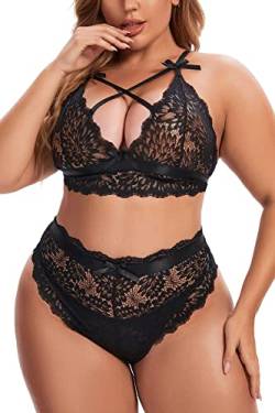 Aranmei Damen Übergröße Dessous Set Sexy Lingerie Unterwäsche Tiefer V Spitzen BH und Hohe Taille Slip Set Kreuzträger Bralette Set, Neu Schwarz, 4XL von Aranmei