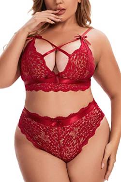 Aranmei Damen Übergröße Dessous Set Sexy Lingerie Unterwäsche Tiefer V Spitzen BH und Hohe Taille Slip Set Kreuzträger Bralette Set, Weinrot, 4XL von Aranmei