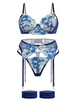 Aranmei Dessous-Set für Damen, 4-teiliges Dessous-Set mit floraler bestickter Spitze, durchscheinender Bügel-BH mit G-String Oberschenkelbändern mit Strumpfgürtel, Dessous, blau, 32 von Aranmei