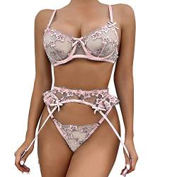 Aranmei Dessous-Set für Frauen 3-teiliges besticktes BH und Panty-Set mit Rüschen Strumpfgürtel Riemchen Sexy Dessous-Set mit Oberschenkel, rose, 42 von Aranmei