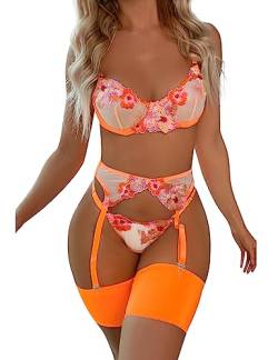 Aranmei Dessous-Set für Frauen 4-teiliges Dessous-Set mit floraler bestickter Spitze durchscheinender Bügel-BH mit G-String Oberschenkelbänder mit Strumpfgürtel Dessous-Set, Orange, 46 von Aranmei