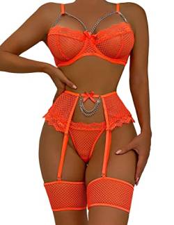 Aranmei Dessous Set für Frauen Sexy 4 Stück Dessous Set mit Oberschenkelmanschetten Unterwäsche mit Oberschenkel Strumpfband Keine Strümpfe, Orange, 38 von Aranmei