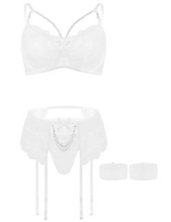 Aranmei Dessous-Sets für Damen, sexy 4-teiliges Dessous-Set mit Oberschenkelmanschetten, Unterwäsche mit Strumpfband, keine Strümpfe, weiß, 42 von Aranmei