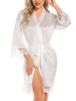 Aranmei Morgenmantel Damen Bademantel Satin Kimono V-Ausschnitt 3/4 Ärmel Braut/Brautjungfer Spitzenbesatz Kurz Robe mit Gürtel Seide Nachthemd Nachtwäsche,Weiß,XXL von Aranmei