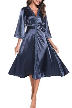 Aranmei Morgenmantel Damen Kimono Satin Bademantel Langes Gewand Hochzeit Braut/Brautjungfer Spitze Nachthemd Frühling/Herbst Morgenkleid, Navy Blau, S von Aranmei