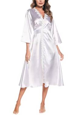 Aranmei Morgenmantel Damen Kimono Satin Bademantel Langes Gewand Hochzeit Braut/Brautjungfer Spitze Nachthemd Frühling/Herbst Morgenkleid, Weiß, M von Aranmei