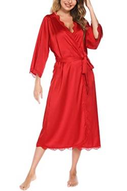 Aranmei Satin Morgenmantel Damen Langer V-Ausschnitt 3/4 Ärmel Nachthemd Bademantel Braut/Brautjungfer Kimono Robe Nachtwäsche Spitzenbesatz Seidenrobe,Rot,L von Aranmei