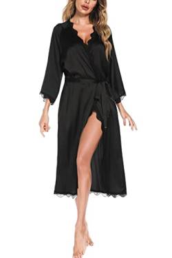 Aranmei Satin Morgenmantel Damen Langer V-Ausschnitt 3/4 Ärmel Nachthemd Bademantel Braut/Brautjungfer Kimono Robe Nachtwäsche Spitzenbesatz Seidenrobe,Schwarz,M von Aranmei