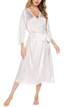 Aranmei Satin Morgenmantel Damen Langer V-Ausschnitt 3/4 Ärmel Nachthemd Bademantel Braut/Brautjungfer Kimono Robe Nachtwäsche Spitzenbesatz Seidenrobe,Weiß,L von Aranmei