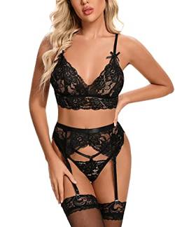 Aranmei Sexy Dessous-Set für Damen, mit Strumpfgürtel, 3-teiliger Spitzen-BH und Höschen für Frauen, frecher Babydoll-Body, Schwarz , 46 von Aranmei