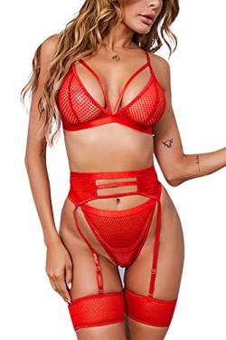 Aranmei Sexy Dessous Set für Frauen 4-Teiliges Dessous mit Strumpfgürtel und Straps Träger Mesh BH und Höschen Sets Hohe Taille Spitze Unterwäsche Babydoll Teddy Dessous Set, Rot, XL von Aranmei