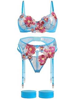 Aranmei Sexy Dessous Set für Frauen Frech 4 Stück Dessous Set mit Blumen bestickte Spitze Sheer Bügel BH mit G-String Oberschenkel Bänder mit Strumpfgürtel Dessous Set, hellblau, M von Aranmei