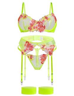 Aranmei Sexy Dessous Set für Frauen Frech 4 Stück Dessous Set mit Blumen bestickte Spitze Sheer Bügel BH mit G-String Oberschenkel Bänder mit Strumpfgürtel Dessous Set, leuchtend grün, 38 von Aranmei