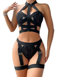 Aranmei Sexy Dessous-Sets für Damen, 4-teilig, ausgehöhlte Neckholder-Dessous-Sets mit Strumpfgürtel, BH- und Höschen-Sets mit Oberschenkelmanschetten, Schwarz, L von Aranmei