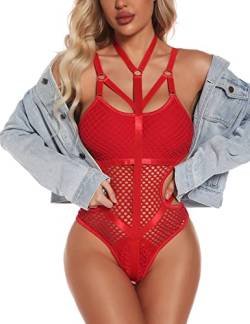 Aranmei Sexy Dessous für Frauen Mesh Body Einteiler Damen Badeanzug Durchsichtig Dessous, rot, 46 von Aranmei