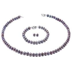 Halsketten-Set, AA+-Qualität, 7–8 mm schwarze Süßwasser-Zuchtperlen, Halskette, Armband, Ohrringe, Set for Damen von Arazi
