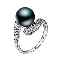 Süßwasserperlen-Ring, Perlen-Band-Ring, Zirkon-Kristall-Ring for Frauen und Mädchen (Color : Black, Size : Size 5) von Arazi