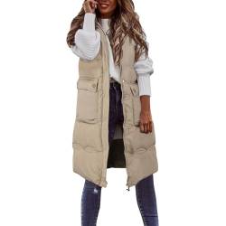 Archedeer Kapuzenweste Damen Steppweste ärmellos Longweste Große Größen Daunenweste Winterjacke Daunenjacke Fester Mantel mit Kapuze Lange Weste übergangsjacke Winterweste Mit Tasche (02A-Khaki, XL) von Archedeer