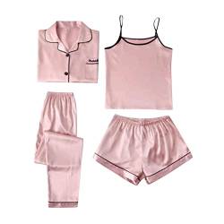 Archedeer Satin Pyjama Damen 4-teiliges Schlafanzug Lounge-Set Sexy Cami mit Button-Down-Langarmhemd Pyjama-Nachtwäsche-Set Frauen Pjs Sets Hausanzug Loungewear von Archedeer