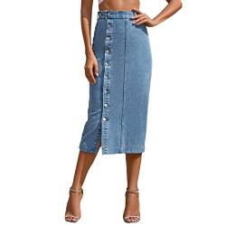 Damen Jeansrock mit Schlitz Knopf Midi Long Jeans Rock Hohe Taille Vintage Denim Röck High Waist Seitenschlitz Midirock Bleistiftrock mit Knöpfen (A1-Blue, S) von Archedeer