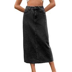 Damen Jeansrock mit Schlitz Knopf Midi Long Jeans Rock Hohe Taille Vintage Denim Röck High Waist Seitenschlitz Midirock Bleistiftrock mit Knöpfen (A2-Black, M) von Archedeer