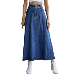 Damen Jeansrock mit Schlitz Knopf Midi Long Jeans Rock Hohe Taille Vintage Denim Röck High Waist Seitenschlitz Midirock Bleistiftrock mit Knöpfen (A3-Blue, S) von Archedeer