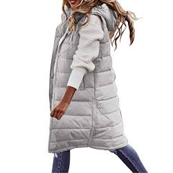 Kapuzenweste Damen Steppweste ärmellos Longweste Große Größen Daunenweste Winterjacke Daunenjacke Fester Mantel mit Kapuze Lange Weste übergangsjacke Winterweste Mit Tasche (ZB-Grey, S) von Archedeer