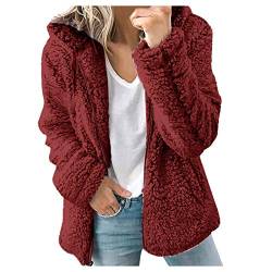 Teddy Fleecejacke Damen mit Kapuze Winter Warm Super Weich und bequem Flanell Kapuzenpullover Teddyjacke Sweatshirt Reißverschluss Langarm Oberteile Top Frauen Mantel Kapuzenjacke (Red, XXL) von Archedeer